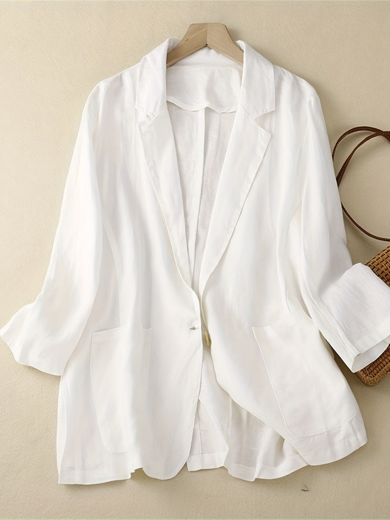 Solid Button Front Blazer, Elegant Lapel Long Sleeve Blazer For Office & Work, Women's Clothing