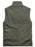 kkboxly  Zipper Pockets Cargo Vest, Men's Casual Outwear Stand Collar Zip Up Vest For Spring Summer Outdoor Fishing Photography