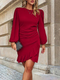 kkboxly Plus Size Elegant Dress, Women's Plus Solid Lantern Sleeve Round Neck Ruffle Trim Wrap Hem Dress