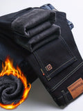 kkboxly  Warm Fleece Straight Leg Jeans For Business, Men's Casual Stretch Thick Denim Pants For Fall Winter