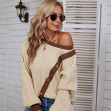 kkboxly  Color Block Crew Neck Button Pullover Sweater, Casual Button Decor Long Sleeve Loose Sweater, Women's Clothing