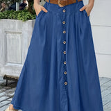 kkboxly  Pocket Button Front Pleated Skirt, Casual Skirt For Spring & Summer, Women's Clothing