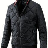 kkboxly  Men's Argyle Pattern Puffer Coat With Zipper Pocket, Casual Stand Collar Zip Up Slim Fit Warm Jacket For Outdoor Winter