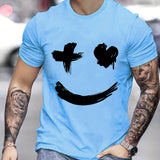 kkboxly  Men's Casual Trendy Smile Graphic Print Comfortable Crew Neck Short Sleeve T-shirts, Summer Top Tees