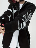 kkboxly  Y2K Star & Letter Pattern Knit Cardigan, Zip Up Long Sleeve Oversized Sweater, Women's Clothing