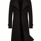 kkboxly  Classic Design Warm Coat, Men's Semi-formal Long Length Double Breasted Lapel Coat For Fall Winter Business