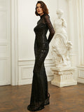 kkboxly  Sequined Mock Neck Bridesmaid Dress, Elegant Long Sleeve Split Dress For Party & Banquet, Women's Clothing