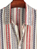 kkboxly  Vertical Stripes Men's Vintage Lapel Shirt For Spring Fall Outdoor, Casual Geometry Button Up Short Sleeve Graphic Novel Clothes