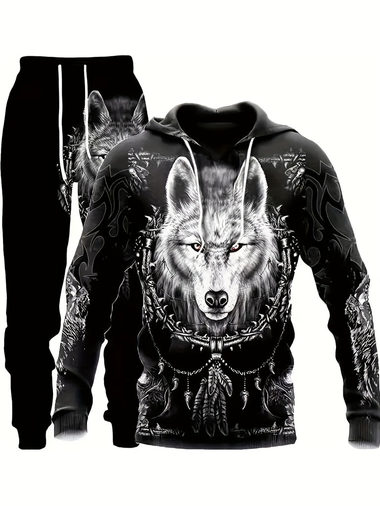 kkboxly  Plus Size Men's Wolf & Letters Graphic Print Sweatshirt & Sweatpants Set For Sports/outdoor/workout, Spring/autumn 2Pcs Tracksuit For Big & Tall Males, Men's Clothing