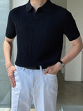 kkboxly  Knitting Short Sleeve Polo Shirts, V-neck Button Up Casual Tops, Men's Clothing