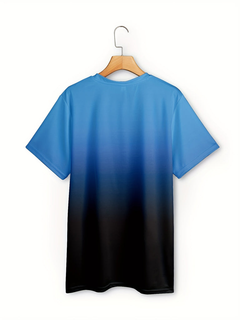 kkboxly  Plus Size Men's Blue Gradient Trendy T-shirts, Comfy Breathable Quick Dry Tees For Summer