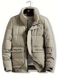 kkboxly  Fashionable Men's Stand Collar Zipper Snap Button Solid Fleece Winter Jacket,Suitable For Winter,Street Outdoor,Comfortable,Warm And Versatile