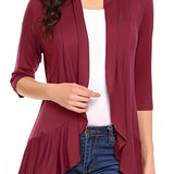 V-neck Loose Pleated Cardigans, Casual Frill Solid 3/4 Sleeve Spring Summer Fall Cardigan, Women's Clothing