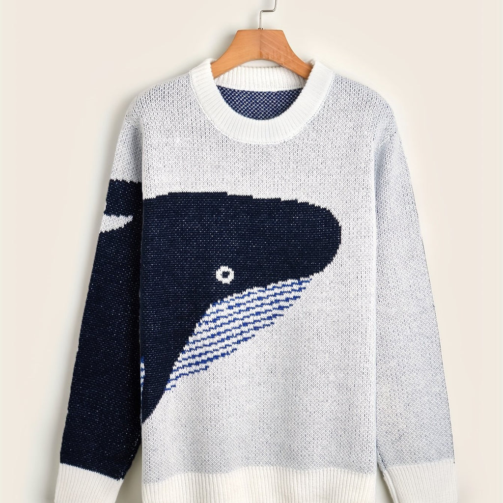 kkboxly  Cartoon Whale Print, Loose Fit Warm Sweater, Men's Casual Retro Style Slightly Stretch Crew Neck Pullover Sweater For Fall Winter