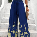 kkboxly  Plant Print Wide Leg Pants, Casual Loose Drawstring Pants, Women's Clothing
