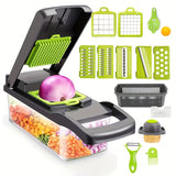 kkboxly 16-in-1 Multifunctional Vegetable Chopper Set - Manual Food Slicer, Dicer, Mandoline, and Cutter with Large Container and Drain Basket - Uncharged Plastic Kitchen Gadget