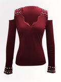 kkboxly  Beaded Cold Shoulder T-Shirt, Casual V-Neck Long Sleeve T-Shirt, Casual Every Day Tops, Women's Clothing