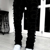 kkboxly  Creative Tassels Decoration Straight Fit Jeans, Men's Casual Medium Stretch Street Style Denim Pants For All Seasons