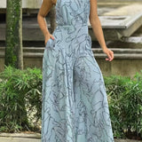 kkboxly  Elegant Waist Halter Jumpsuit, Casual Print Tie Sleeveless Waist Summer Wide Leg Long Pant Jumpsuit, Women's Clothing