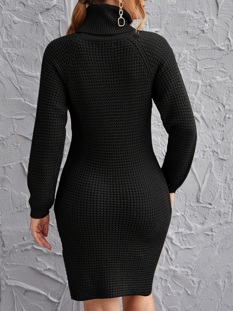 kkboxly  Bodycon Solid Turtleneck Knitted Dress, Elegant Long Sleeve Casual Dress For Fall & Winter, Women's Clothing