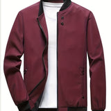 kkboxly Classic Design Windbreaker Jacket, Men's Casual Stand Collar Zip Up Jacket Coat For Spring Fall Outdoor Hiking Camping Cycling