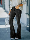 Water Ripple Embossed Flared Jeans, Crotch Slash Pockets Wide Seam Hem Denim Pants, Women's Denim Jeans & Clothing