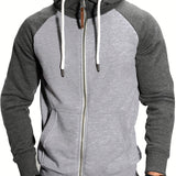 kkboxly  Trendy Color Block Men's Hooded Jacket Casual Long Sleeve Hoodies With Zipper Gym Sports Hooded Coat For Winter Fall