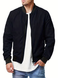kkboxly  Solid Varsity Bomber Jacket, Men's Casual Baseball Jacket Coat Regular Fit College Hipster Windbreaker For Spring Autumn