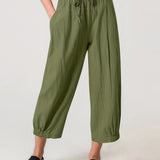 kkboxly  Plus Size Casual Pants, Women's Plus Solid Drawstring Straight Leg Pants With Pockets