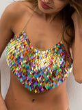 kkboxly  Colorful Sequined Halter Neck Top, Sexy Backless Hanky Hem Crop Club Top, Women's Clothing