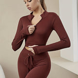 kkboxly  Women's Activewear: Fashionable Solid Color Half Zipper Yoga Sports Top with Stretchy Ribbed Knitting for Long Sleeve Fitness Workout Gym Wear