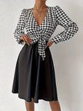 Houndstooth Print Splicing Dress, Elegant V Neck Long Sleeve Dress, Women's Clothing
