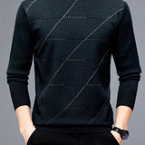 kkboxly  Men's Stylish Loose Stripe Pattern Knitted Sweater, Casual Breathable Long Sleeve Crew Neck Top For City Walk Street Hanging Outdoor Activities