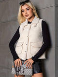 kkboxly  Button Front Sleeveless Plush Jacket, Casual Dual Pockets Jacket For Fall & Winter, Women's Clothing