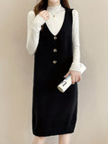kkboxly  Solid Button Decor V Neck Knitted Dress, Elegant Sleeveless Tank Dress For Fall & Winter, Women's Clothing
