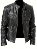 kkboxly  Chic PU Jacket, Men's Casual Solid Color Zip Up Stand Collar Faux Leather Jacket For Spring Fall