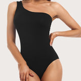 kkboxly  One Shoulder One Piece Bodysuit, Sexy Sleeveless Stretchy Bodysuit, Women's Clothing
