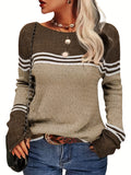 Color Block Boat Neck Knitted Top, Casual Long Sleeve Pullover Sweater For Fall & Winter, Women's Clothing
