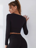 kkboxly  Solid Color Asymmetrical Hem Long Sleeve Sports Crop Top, Round Neck Pullover Yoga Crop Top, Women's Tops