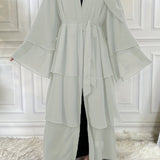 kkboxly  Layered Open Front Abaya, Long Sleeve Dress With Belted , Without Hijab, Women's Clothing