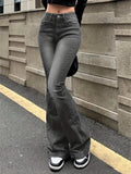 kkboxly Plain Washed Retro Flare Jeans, Slim Fit High Stretch Slant Pockets Bell Bottom Jeans, Women's Denim Jeans & Clothing