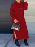 kkboxly  Drawstring Split Dress, Casual Hooded Long Sleeve Maxi Dress, Women's Clothing