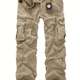 dunnmall  kkboxly  Cotton Solid Multi Flap Pockets Men's Straight Leg Cargo Pants,  Loose Casual Outdoor Pants, Men's Work Pants For Hiking Fishing Angling