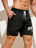 kkboxly  "New York, USA" Comfy Shorts, Men's Casual Solid Color Slightly Stretch Elastic Waist Drawstring Shorts For Summer Basketball Beach Resort