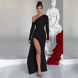 kkboxly  Split Thigh Solid Dress, Elegant Slanted Shoulder Long Sleeve Maxi Dress, Women's Clothing