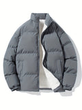kkboxly  Men's Casual Thickened Thermal Zipper Fleece Lined Cotton-padded Jacket, Warm Long Sleeve Stand Collar Windproof Padded Outwear For Winter