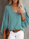 kkboxly  Floral Print Lantern Sleeve Blouse, Casual V Neck Long Sleeve Blouse For Spring & Fall, Women's Clothing