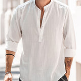 kkboxly  Classic Design Cotton Boat Neck Henley Shirt, Men's Casual Loose Fit Vintage Style Long Sleeve Henley Shirt For Spring Summer