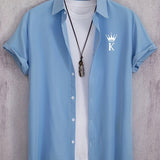 kkboxly  Trendy Letter K & Crown Pattern Print Men's Casual Short Sleeve Shirt, Men's Shirt For Summer Vacation Resort