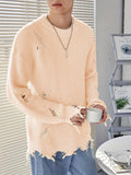 kkboxly  Men's Fall Winter Pullover Sweater Drop Shoulder Ripped Knit Sweater Round Neck Casual Knitwear